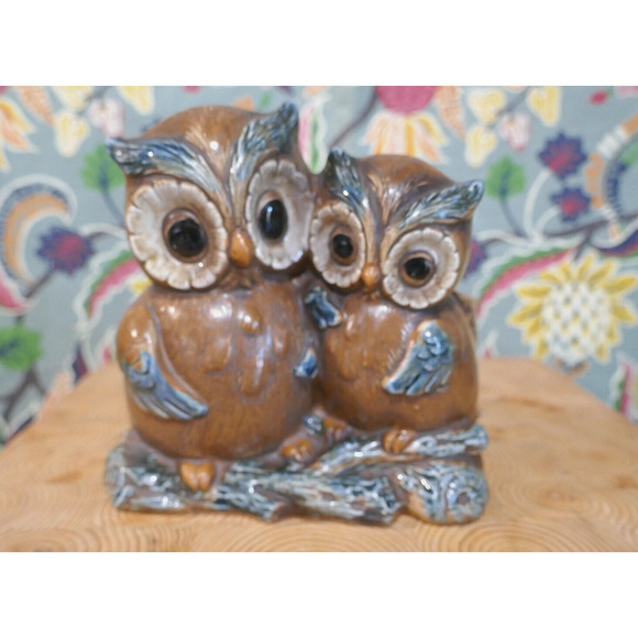 Vintage Napcoware Japan Pair of Pottery Owls Brown & Blue Planter C9238 - Picture 2 of 12
